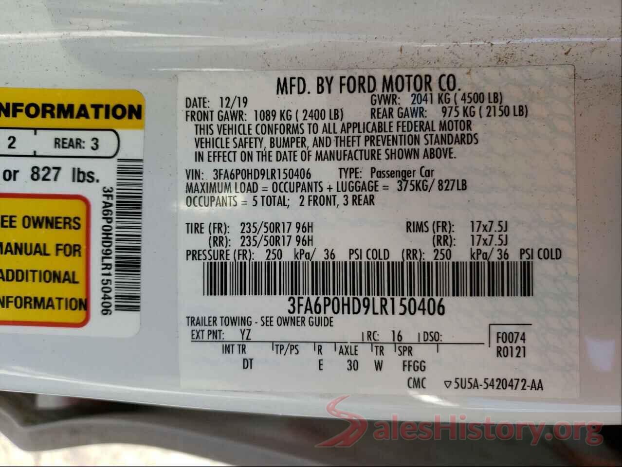 3FA6P0HD9LR150406 2020 FORD FUSION