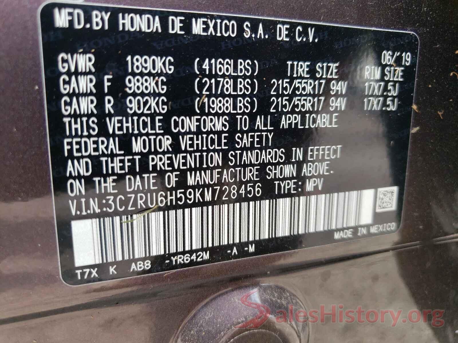 3CZRU6H59KM728456 2019 HONDA HR-V