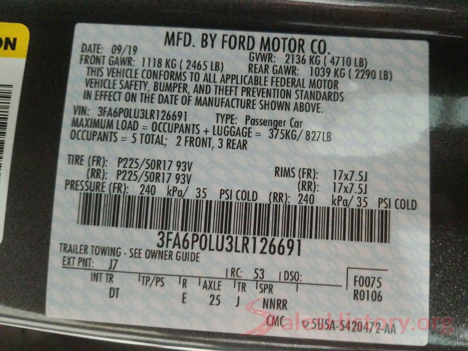 3FA6P0LU3LR126691 2020 FORD FUSION