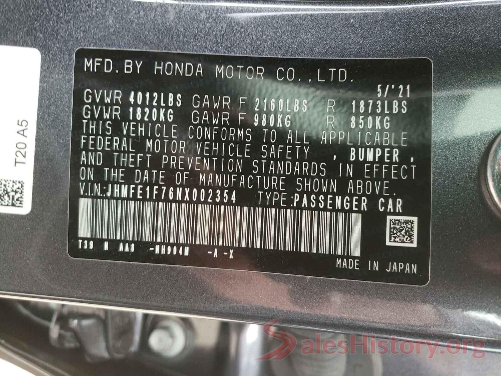 JHMFE1F76NX002354 2022 HONDA CIVIC