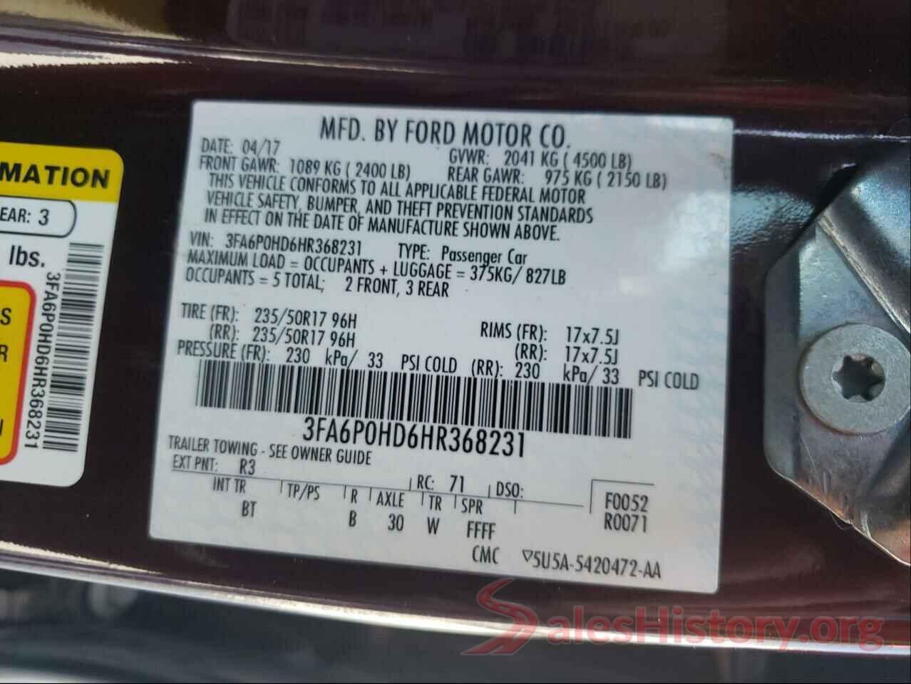 3FA6P0HD6HR368231 2017 FORD FUSION