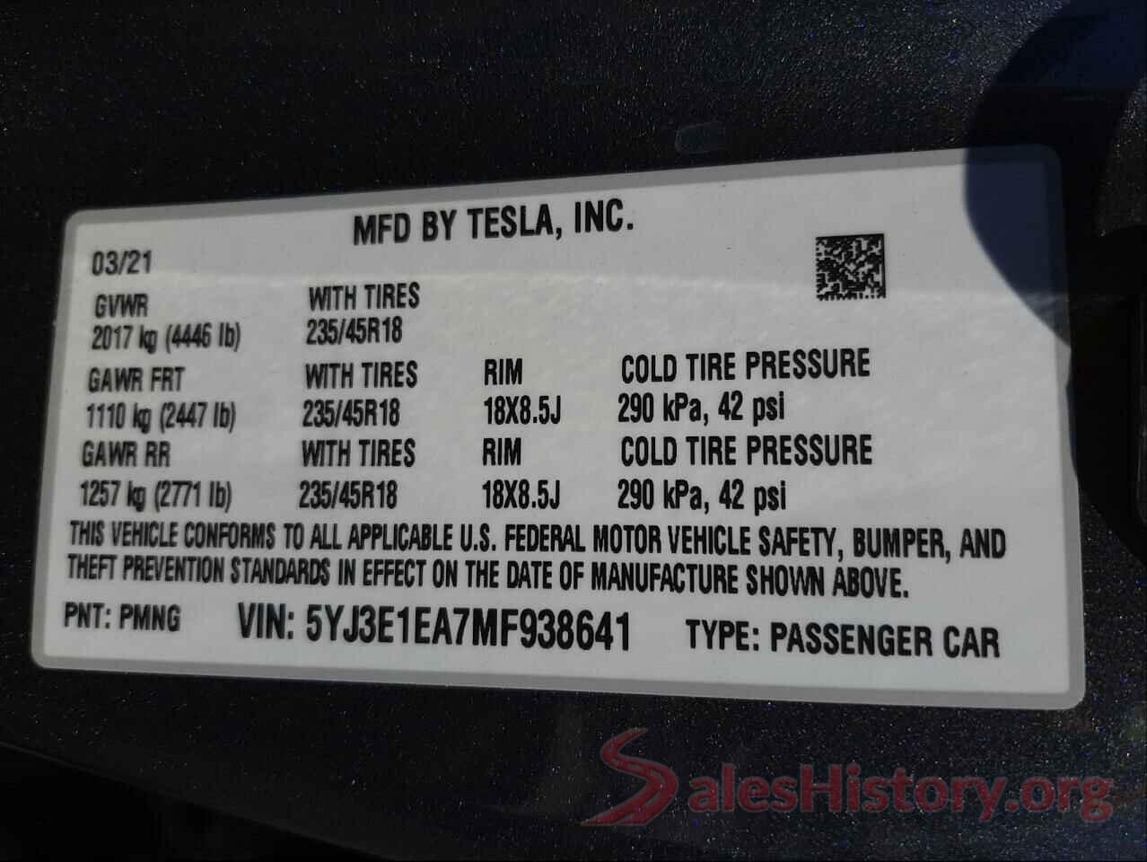 5YJ3E1EA7MF938641 2021 TESLA MODEL 3