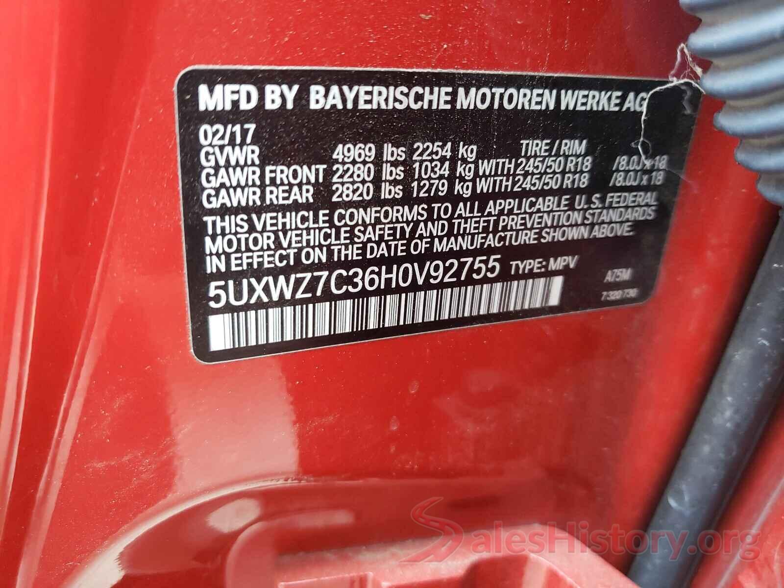 5UXWZ7C36H0V92755 2017 BMW X3