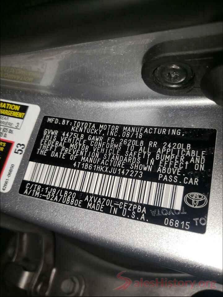 4T1B61HKXJU147273 2018 TOYOTA CAMRY