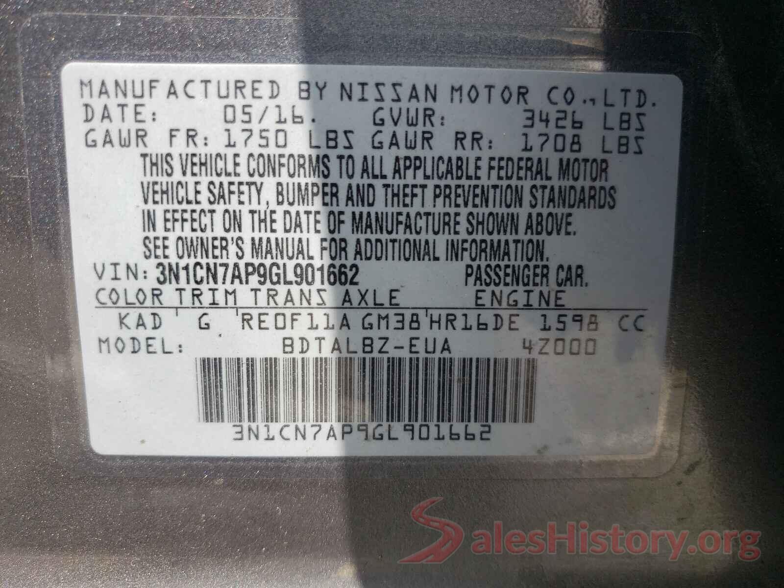 3N1CN7AP9GL901662 2016 NISSAN VERSA