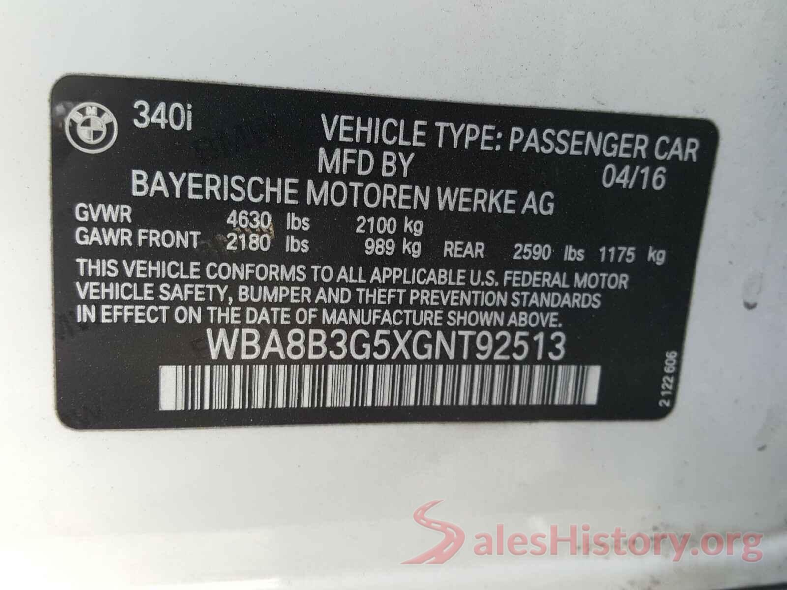 WBA8B3G5XGNT92513 2016 BMW 3 SERIES