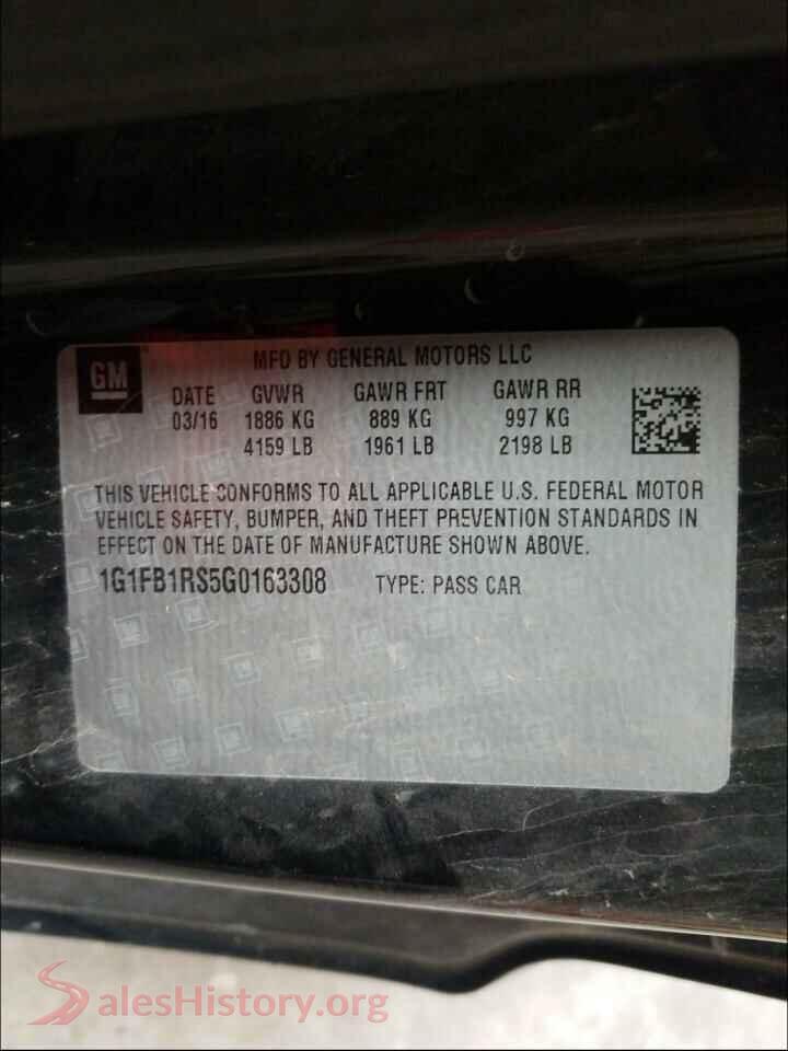 2016 CHEVROLET CAMARO VIN 1G1FB1RS5G0163308, odometer mileage