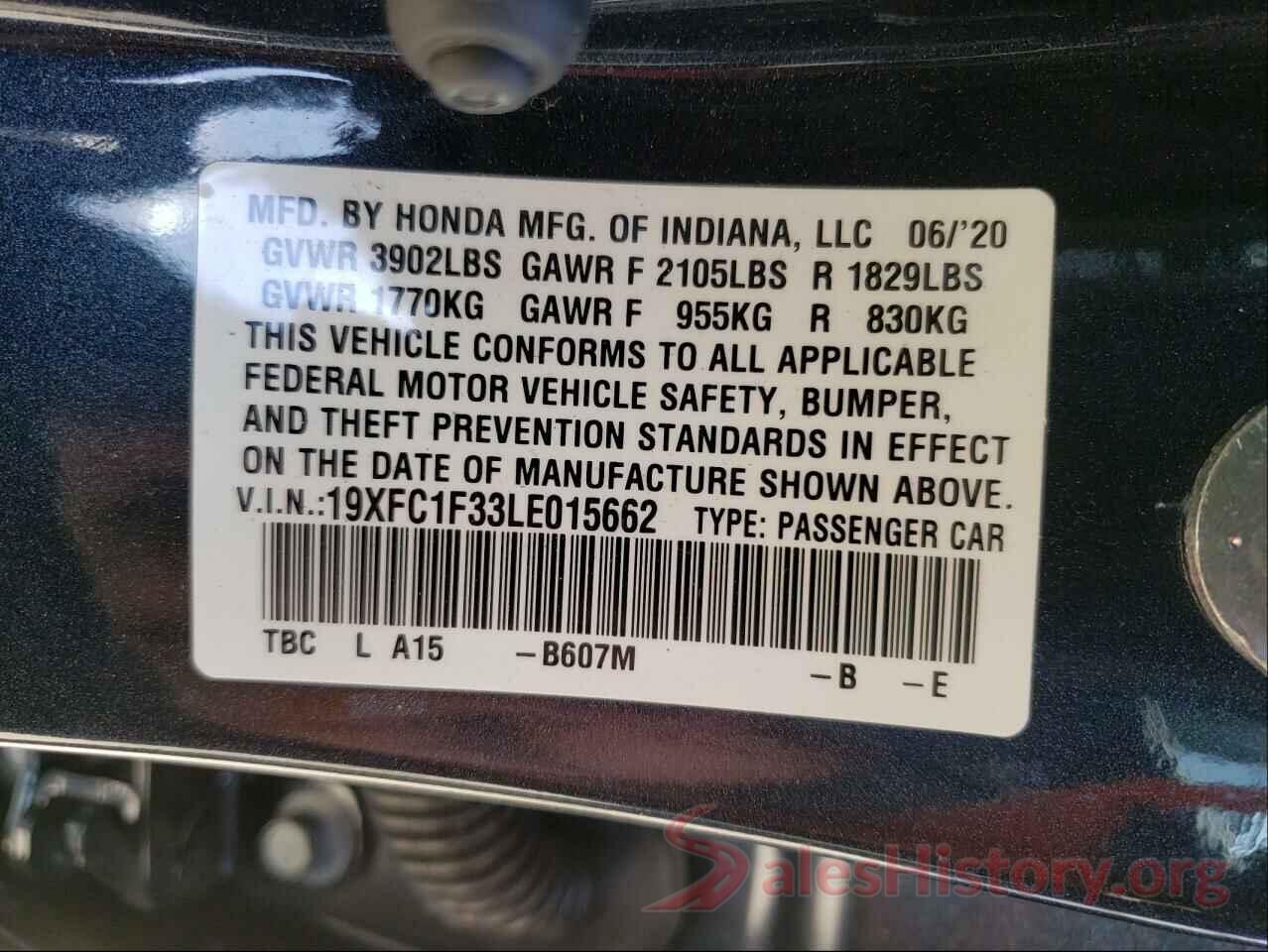 19XFC1F33LE015662 2020 HONDA CIVIC