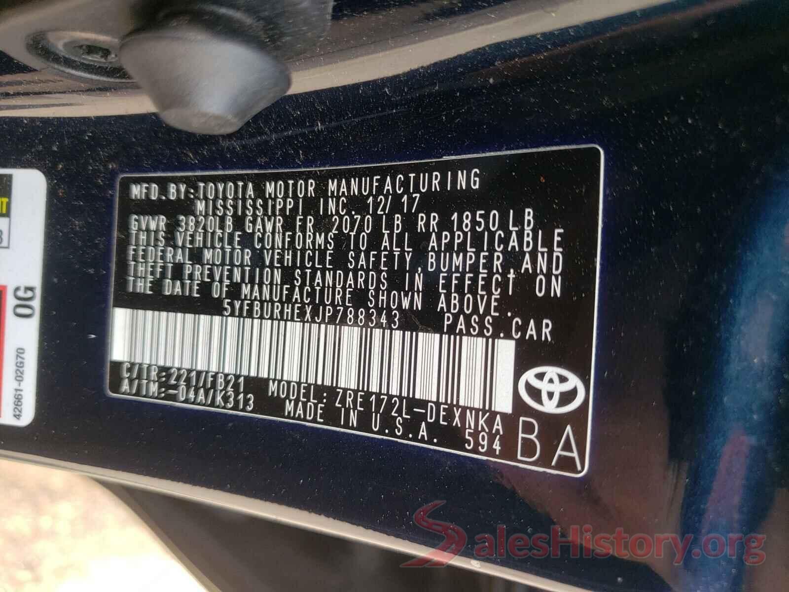 5YFBURHEXJP788343 2018 TOYOTA COROLLA