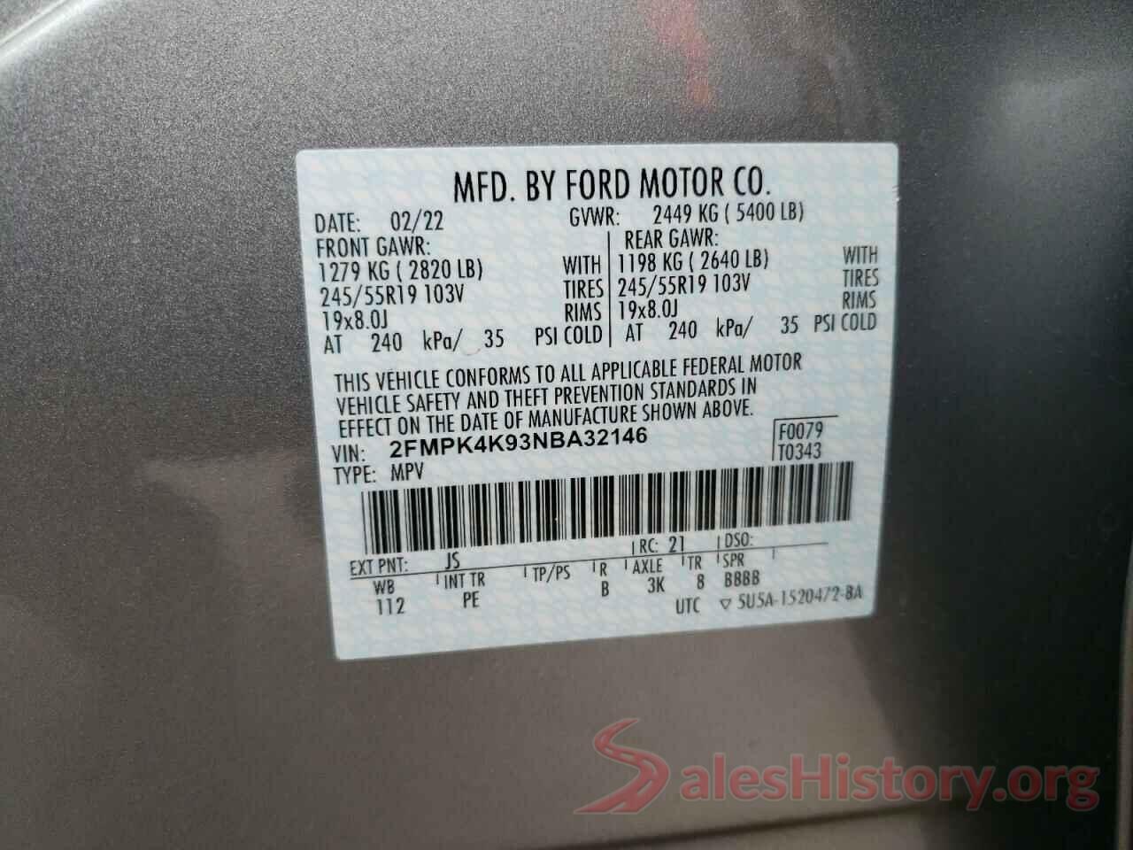 2FMPK4K93NBA32146 2022 FORD EDGE