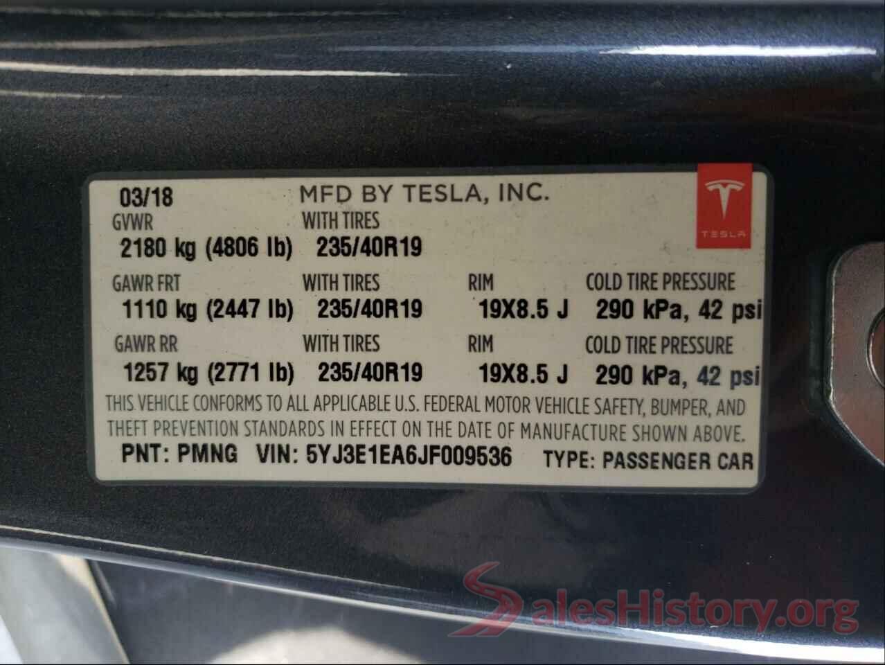 5YJ3E1EA6JF009536 2018 TESLA MODEL 3