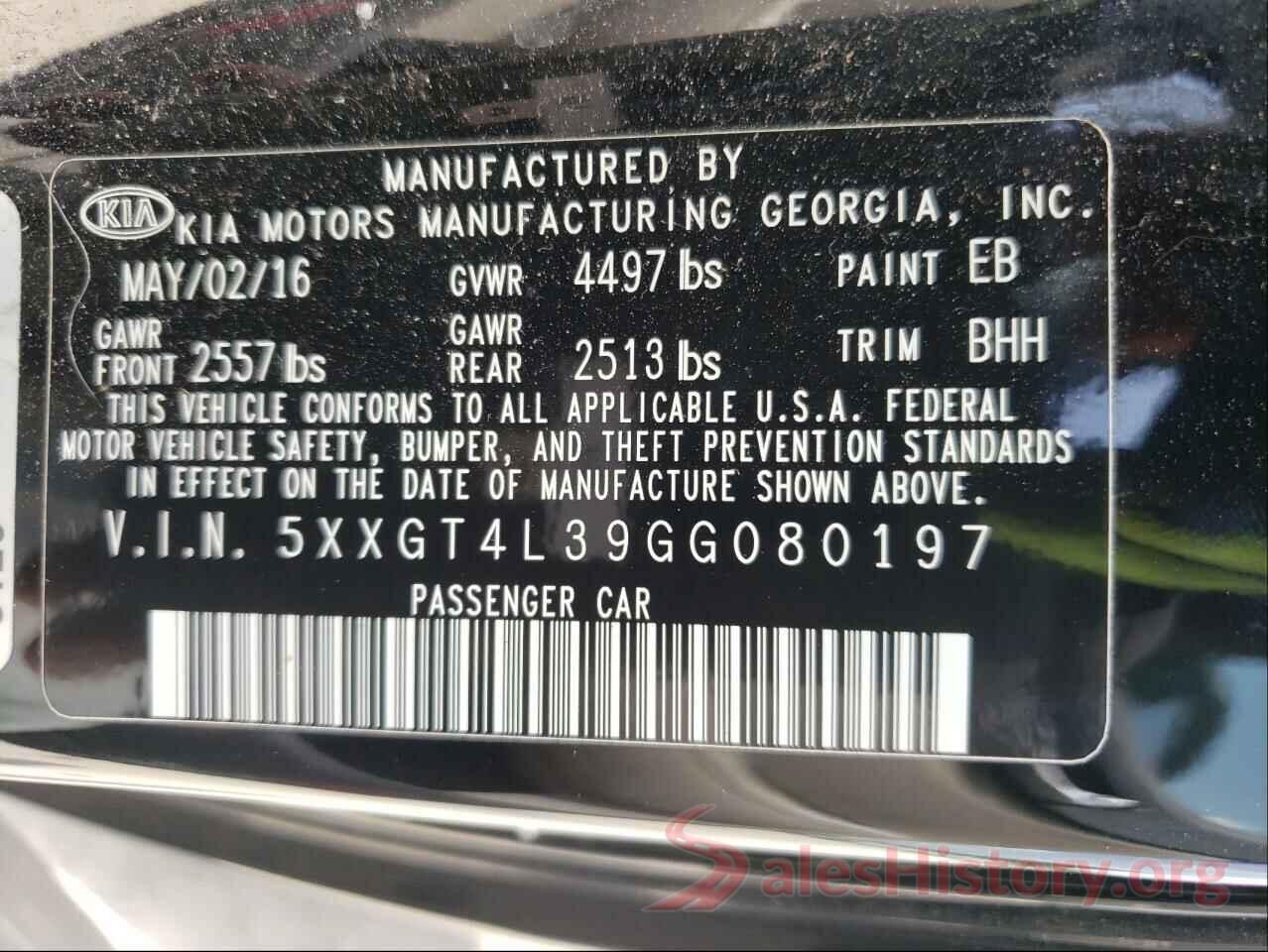 5XXGT4L39GG080197 2016 KIA OPTIMA