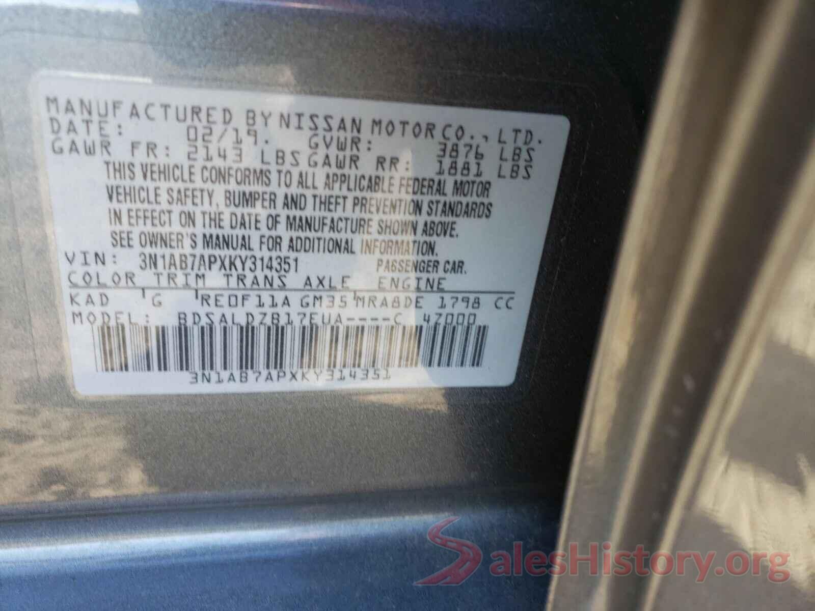 3N1AB7APXKY314351 2019 NISSAN SENTRA