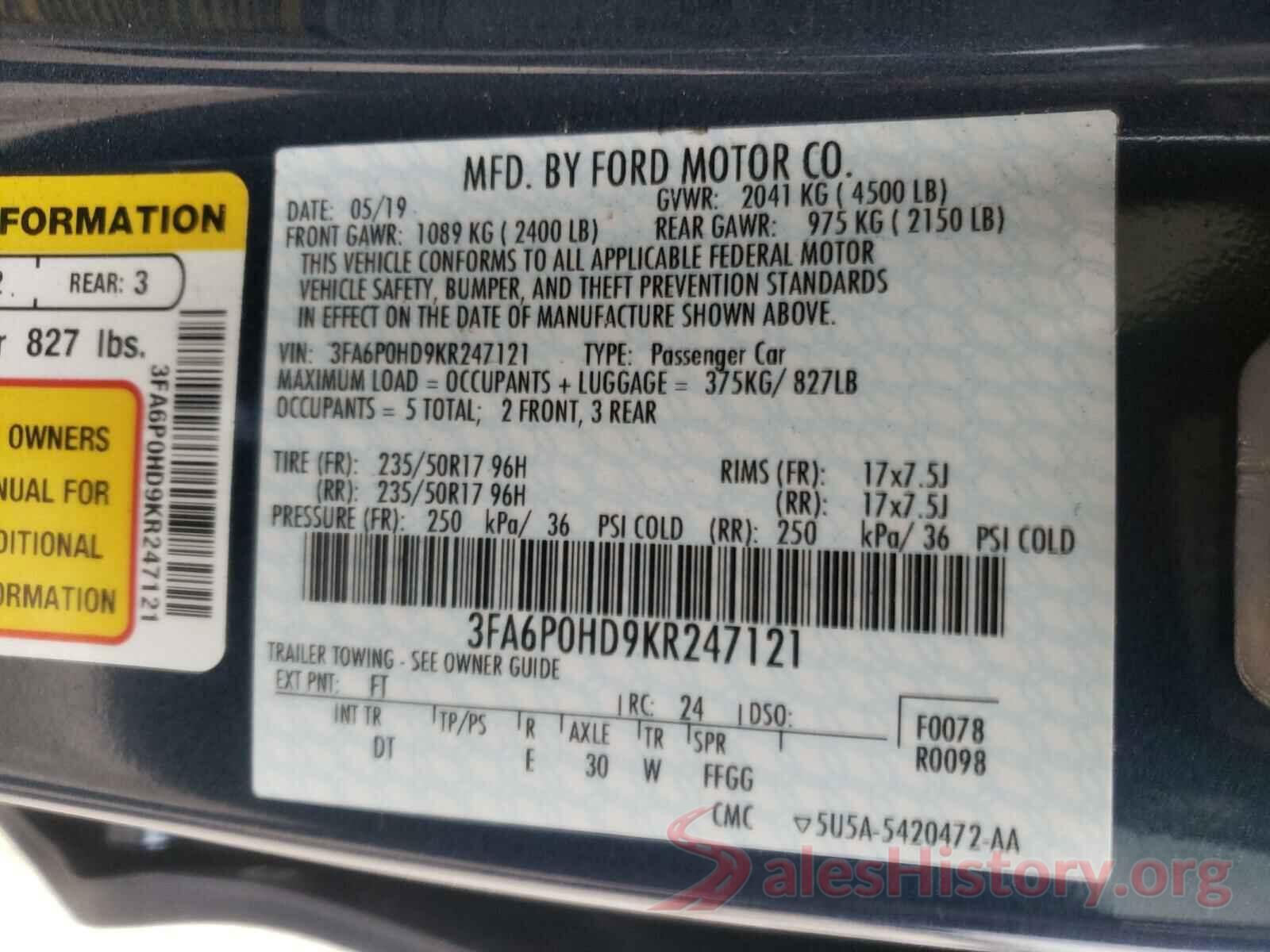 3FA6P0HD9KR247121 2019 FORD FUSION