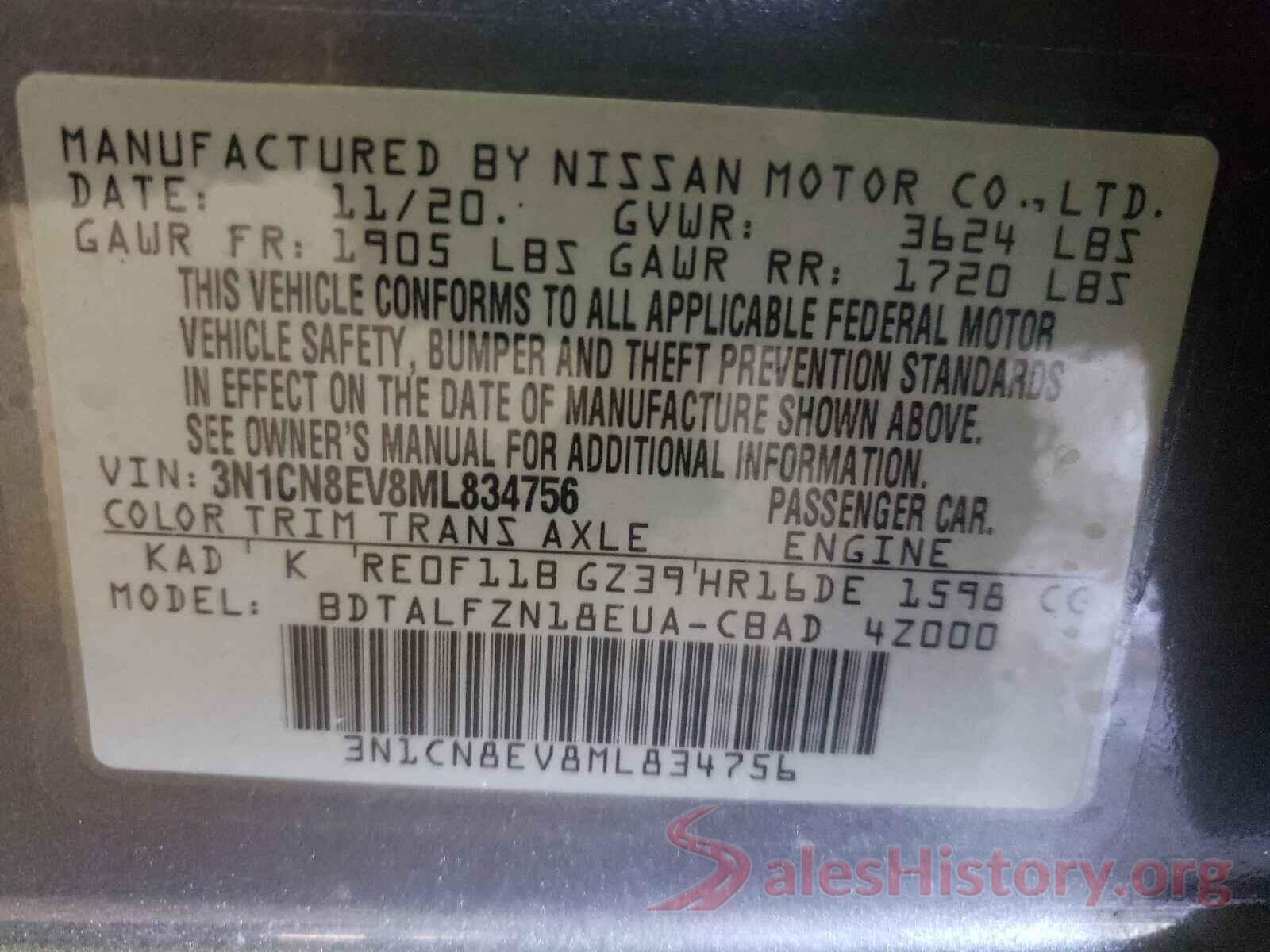 3N1CN8EV8ML834756 2021 NISSAN VERSA