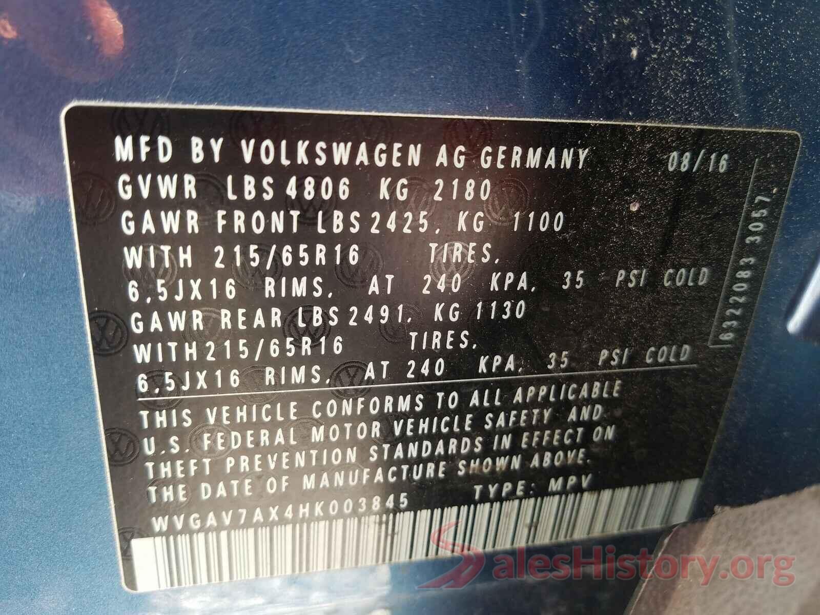 WVGAV7AX4HK003845 2017 VOLKSWAGEN TIGUAN