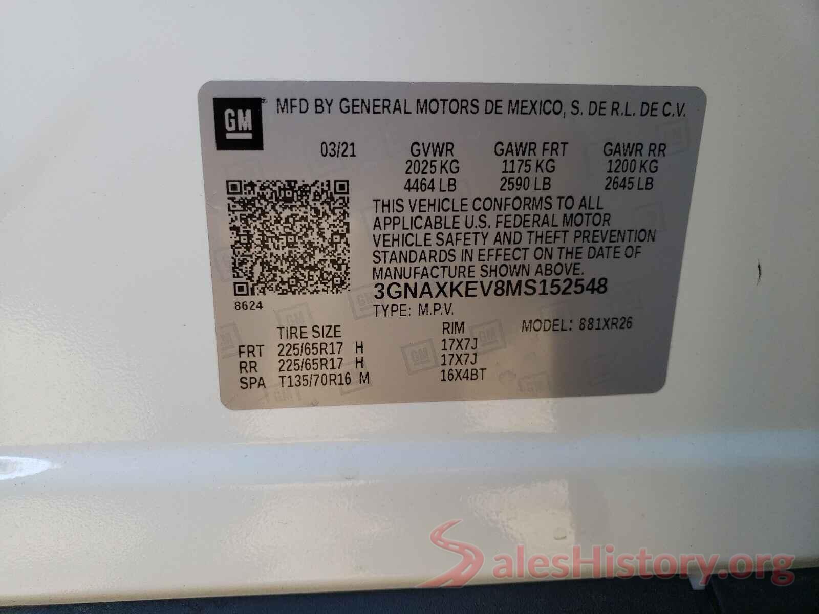 3GNAXKEV8MS152548 2021 CHEVROLET EQUINOX