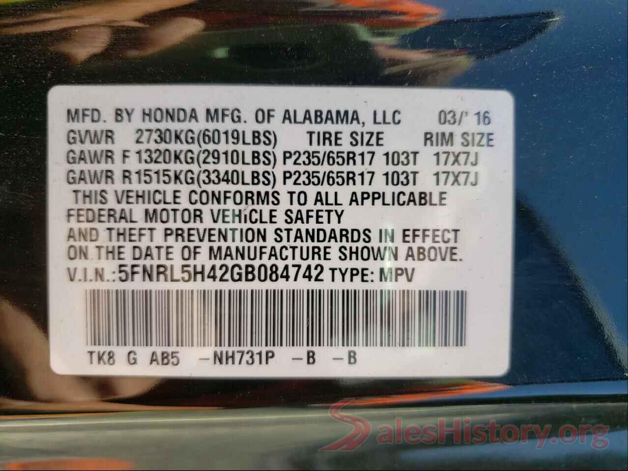 5FNRL5H42GB084742 2016 HONDA ODYSSEY