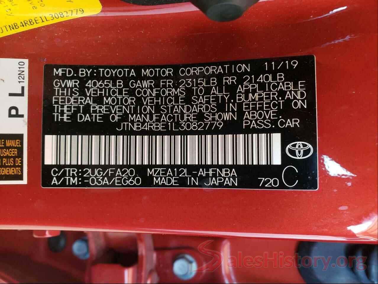 JTNB4RBE1L3082779 2020 TOYOTA COROLLA