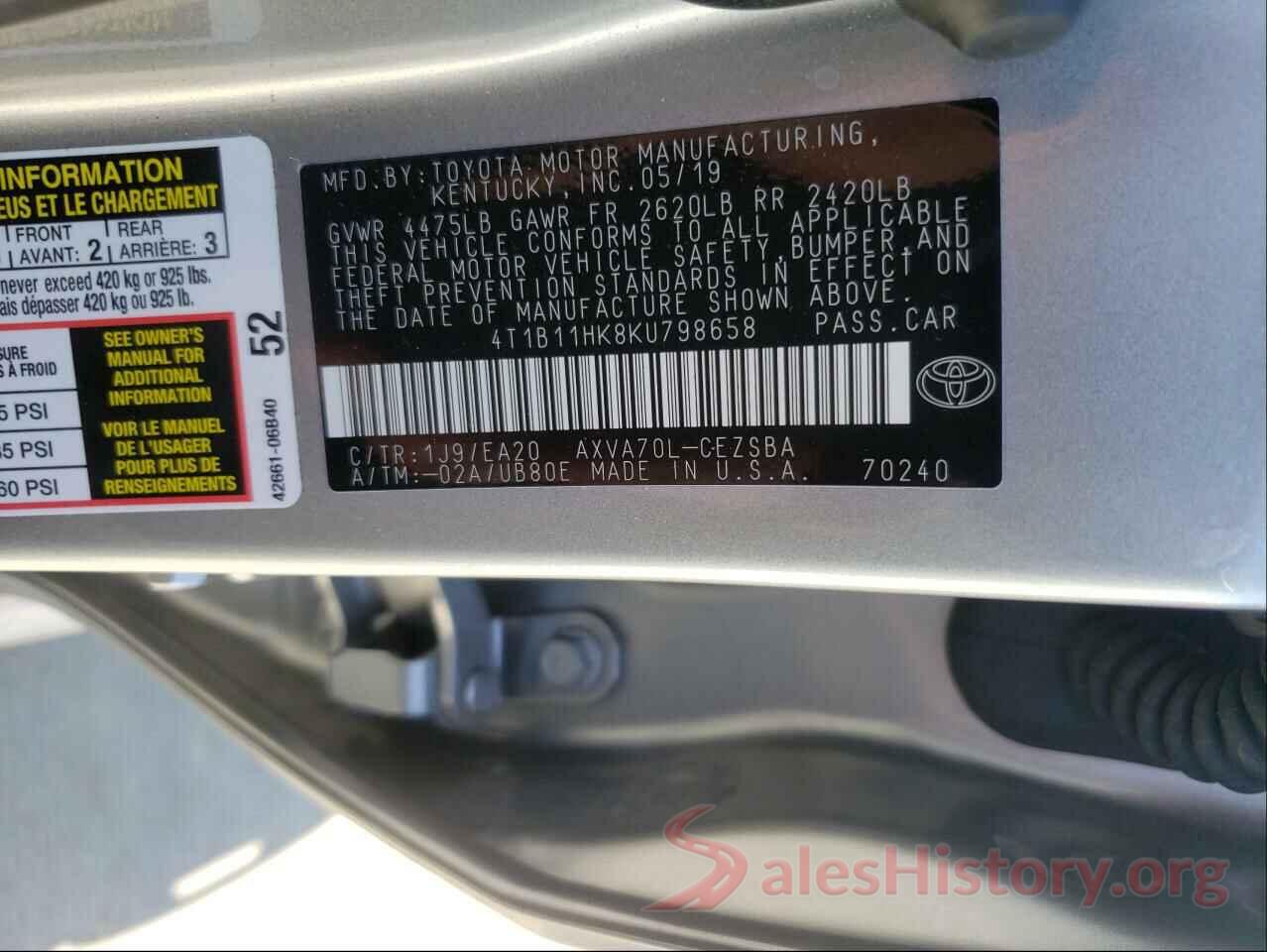 4T1B11HK8KU798658 2019 TOYOTA CAMRY