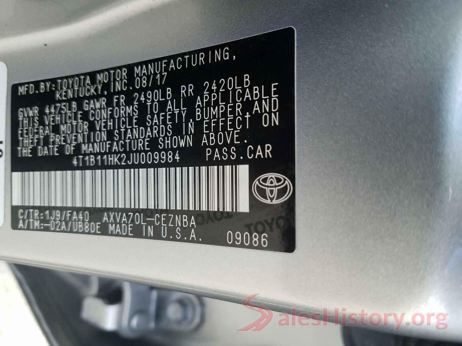 4T1B11HK2JU009984 2018 TOYOTA CAMRY