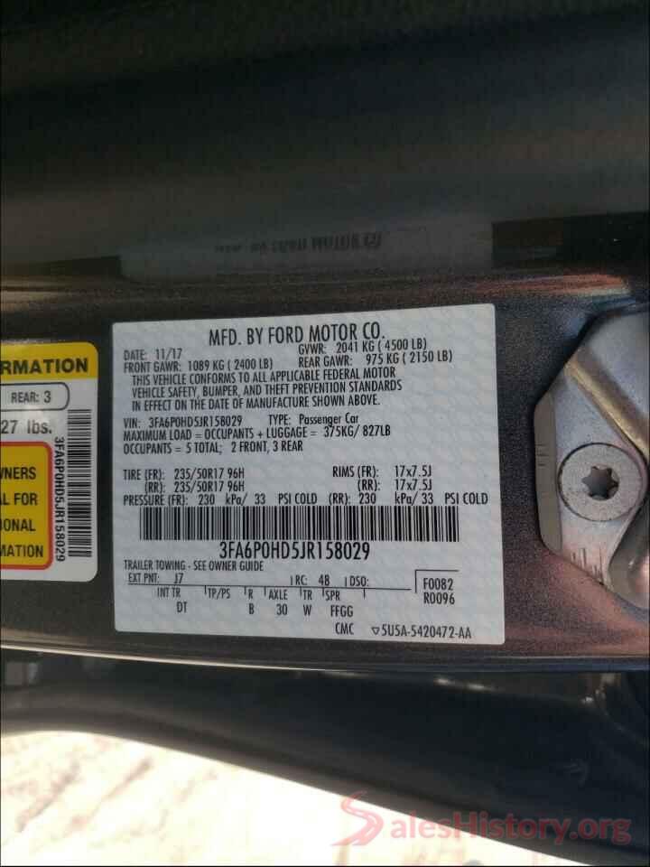 3FA6P0HD5JR158029 2018 FORD FUSION