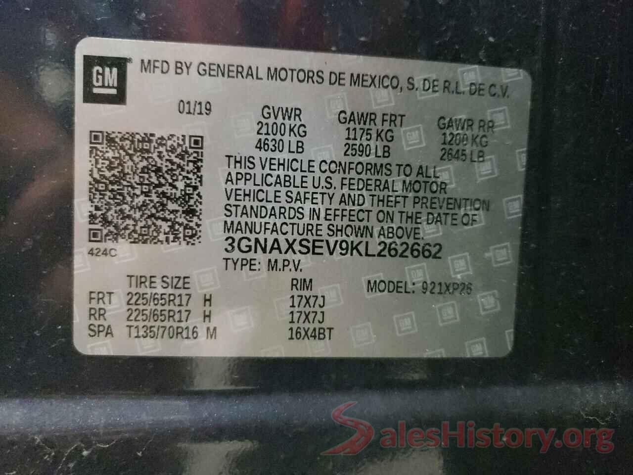 3GNAXSEV9KL262662 2019 CHEVROLET EQUINOX