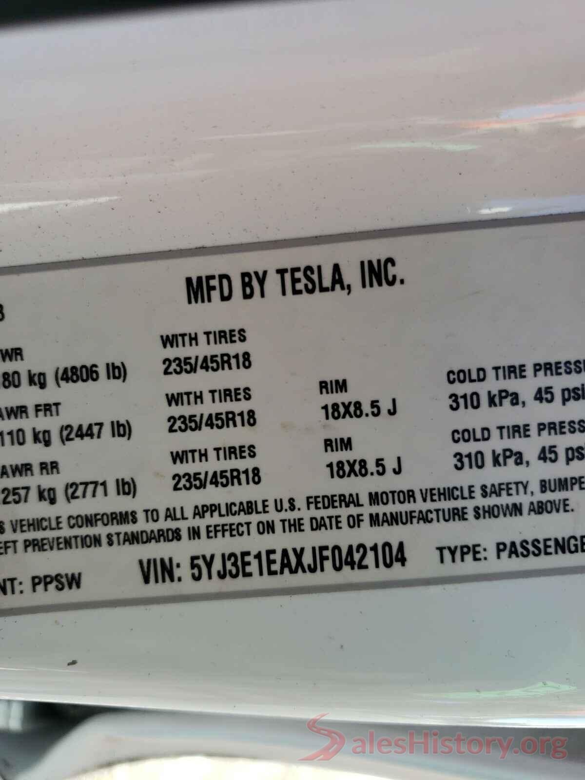 5YJ3E1EAXJF042104 2018 TESLA MODEL 3