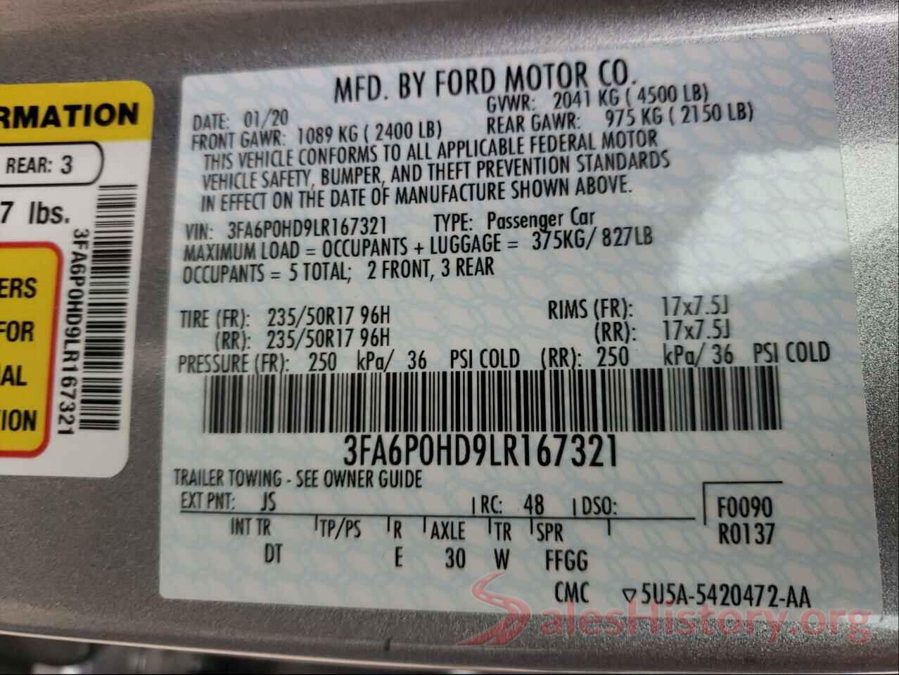 3FA6P0HD9LR167321 2020 FORD FUSION