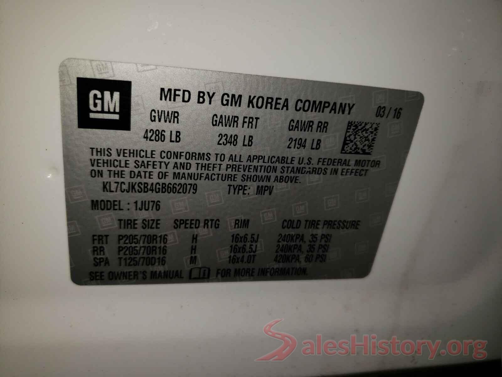 KL7CJKSB4GB662079 2016 CHEVROLET TRAX