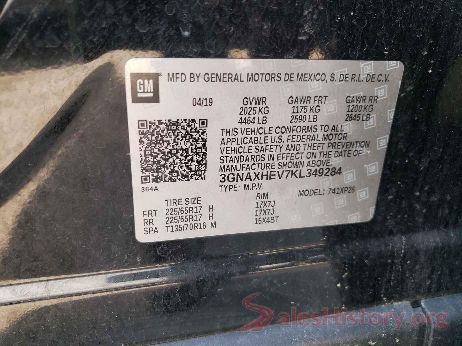 3GNAXHEV7KL349284 2019 CHEVROLET EQUINOX