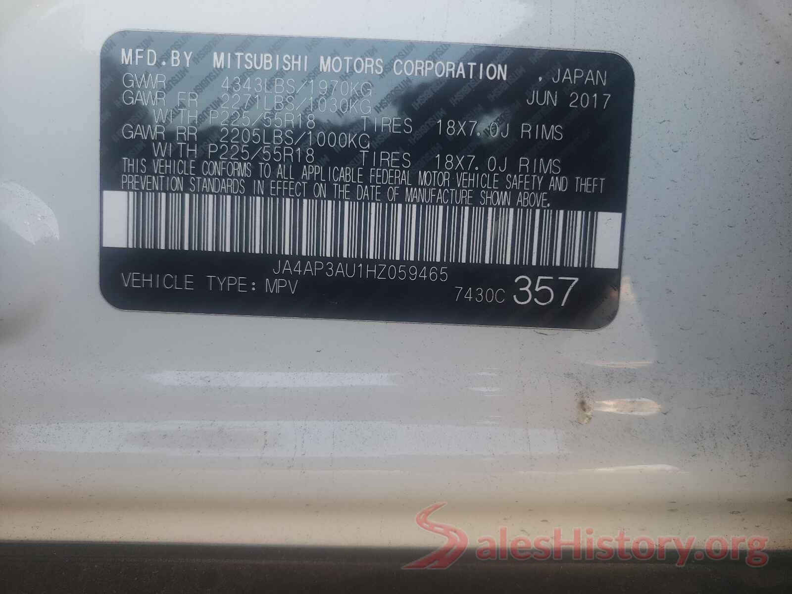 JA4AP3AU1HZ059465 2017 MITSUBISHI OUTLANDER