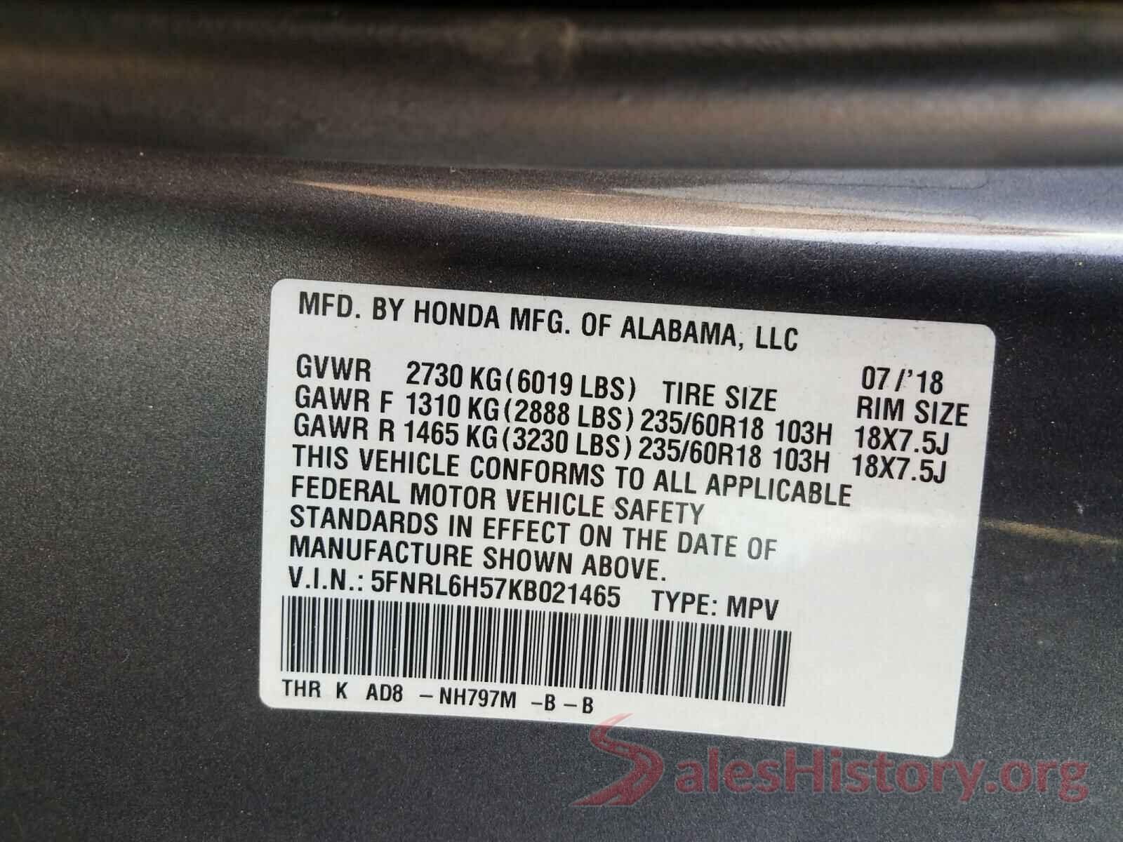 5FNRL6H57KB021465 2019 HONDA ODYSSEY