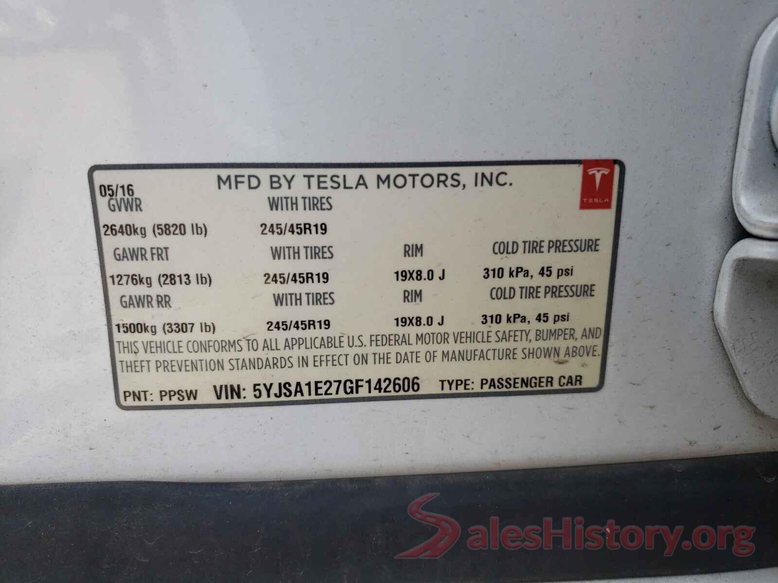 5YJSA1E27GF142606 2016 TESLA MODEL S