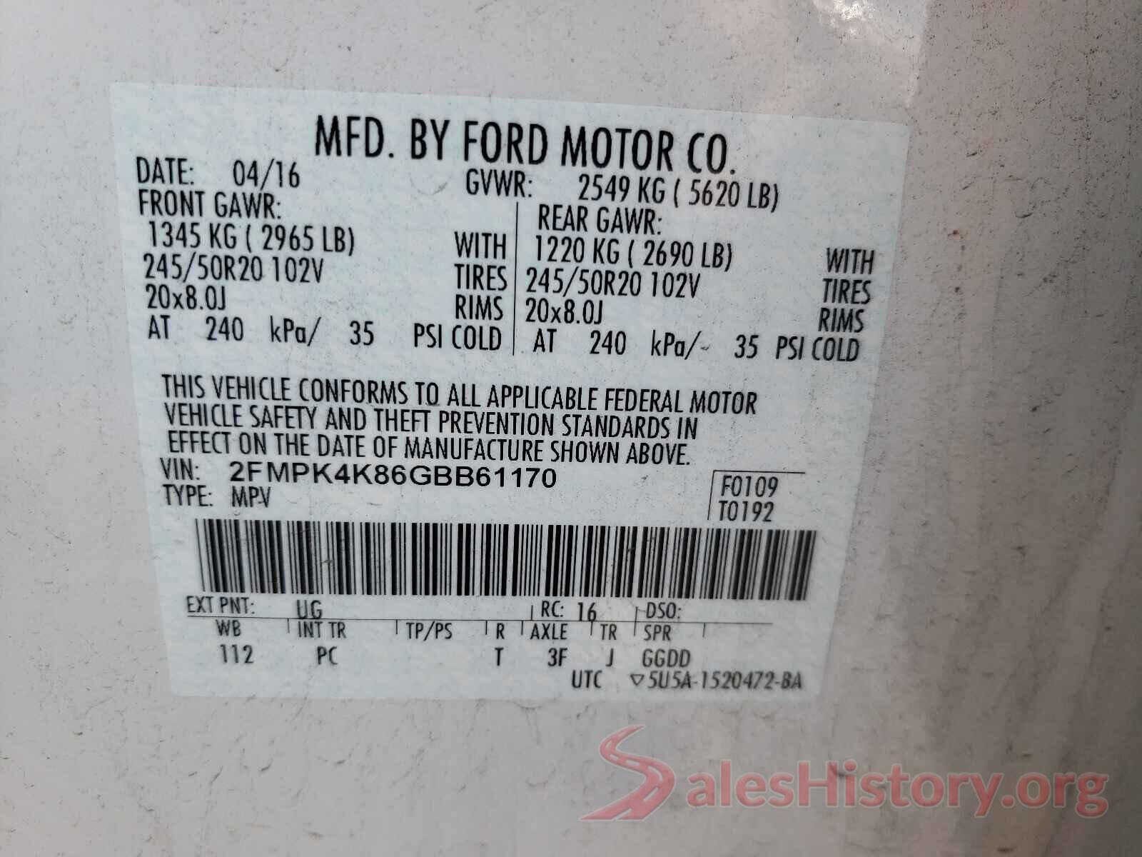 2FMPK4K86GBB61170 2016 FORD EDGE