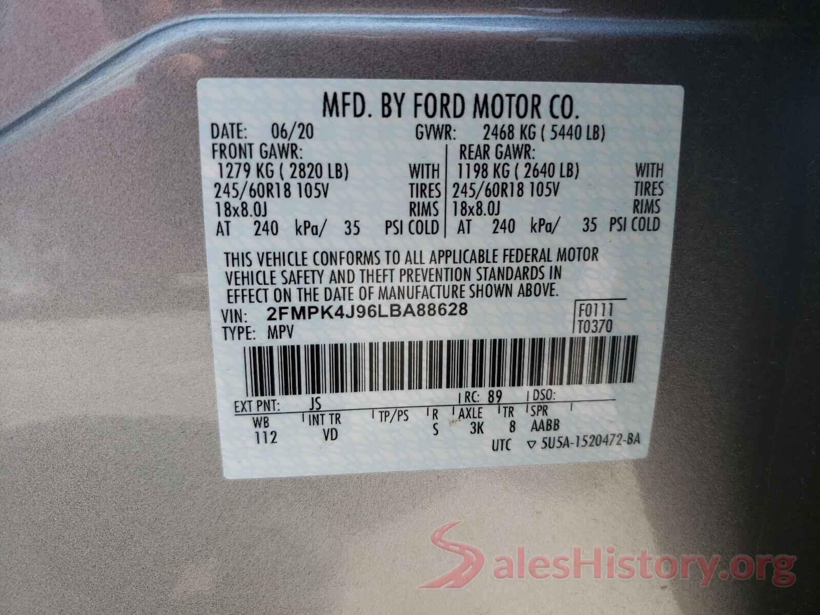 2FMPK4J96LBA88628 2020 FORD EDGE