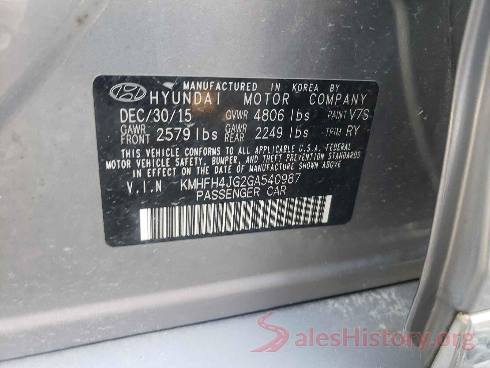 KMHFH4JG2GA540987 2016 HYUNDAI AZERA