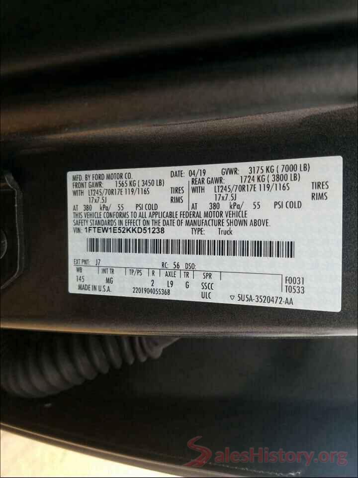 1FTEW1E52KKD51238 2019 FORD F150