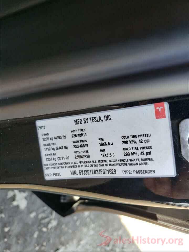 5YJ3E1EB3JF071629 2018 TESLA MODEL 3