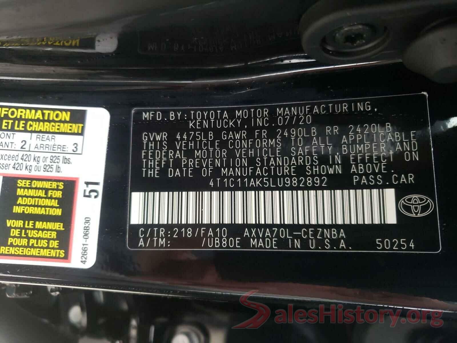 4T1C11AK5LU982892 2020 TOYOTA CAMRY