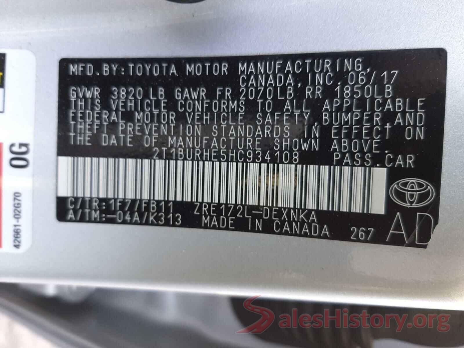 2T1BURHE5HC934108 2017 TOYOTA COROLLA