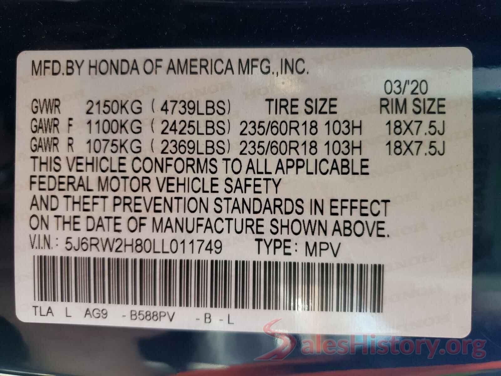 5J6RW2H80LL011749 2020 HONDA CRV