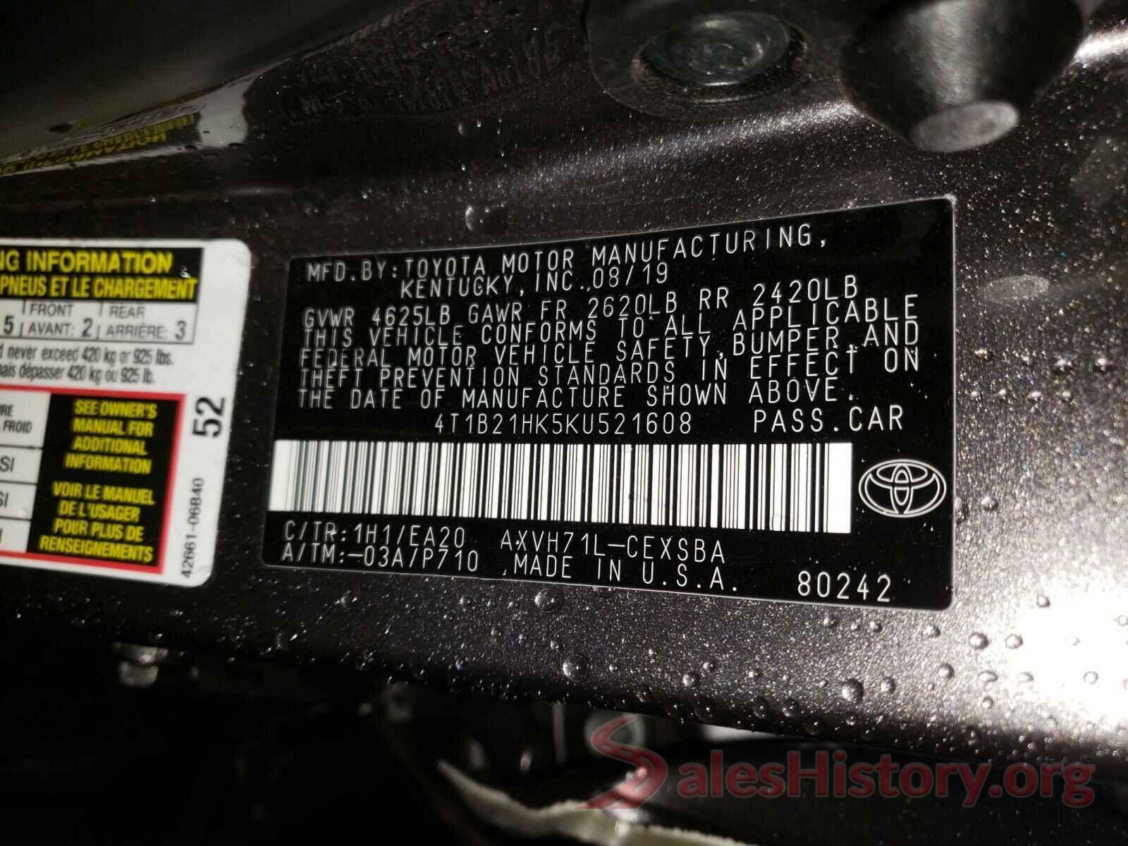 4T1B21HK5KU521608 2019 TOYOTA CAMRY