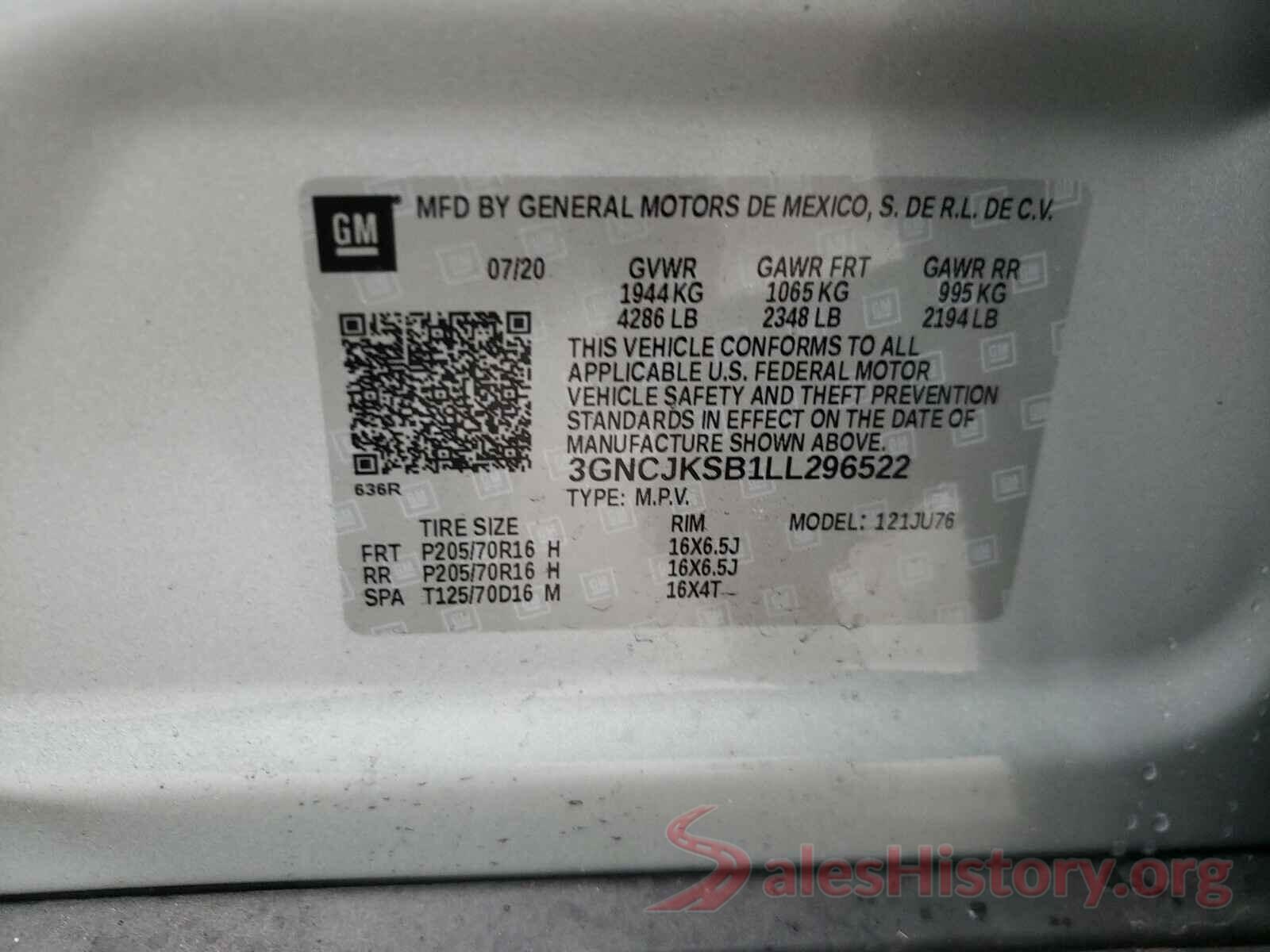 3GNCJKSB1LL296522 2020 CHEVROLET TRAX