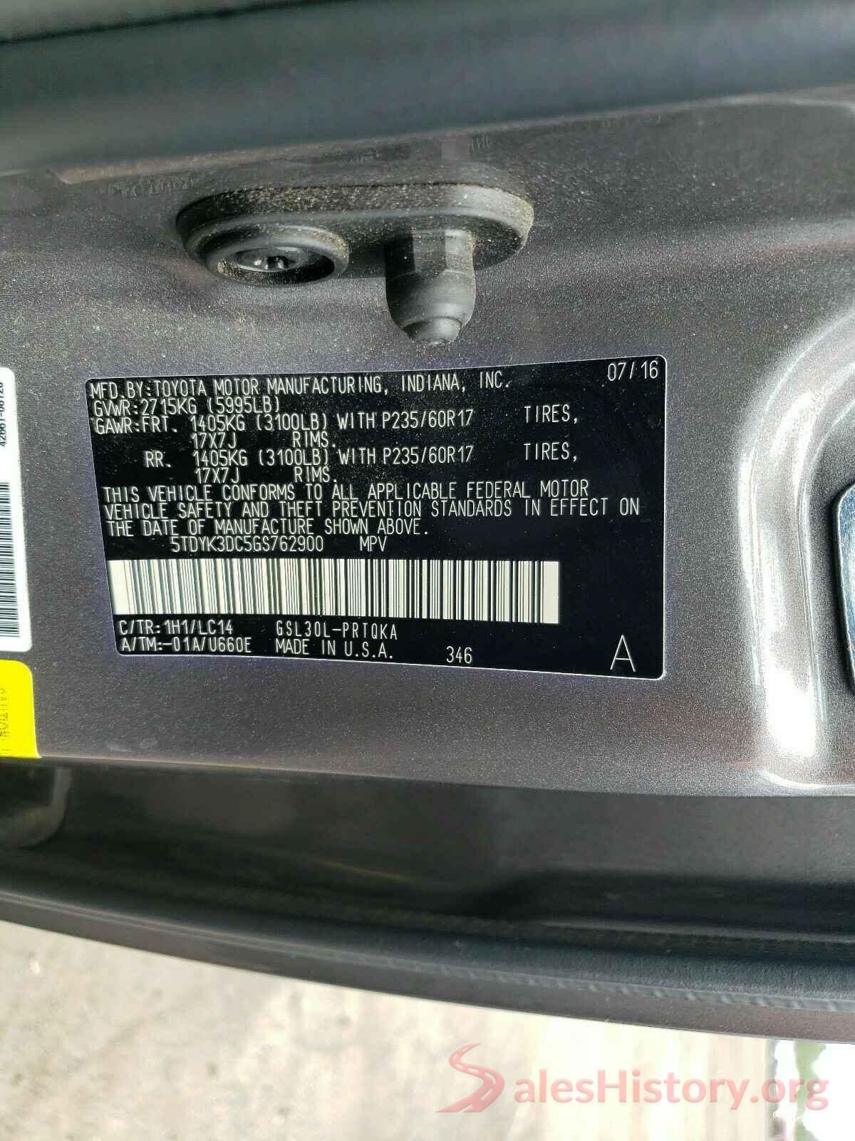 5TDYK3DC5GS762900 2016 TOYOTA SIENNA