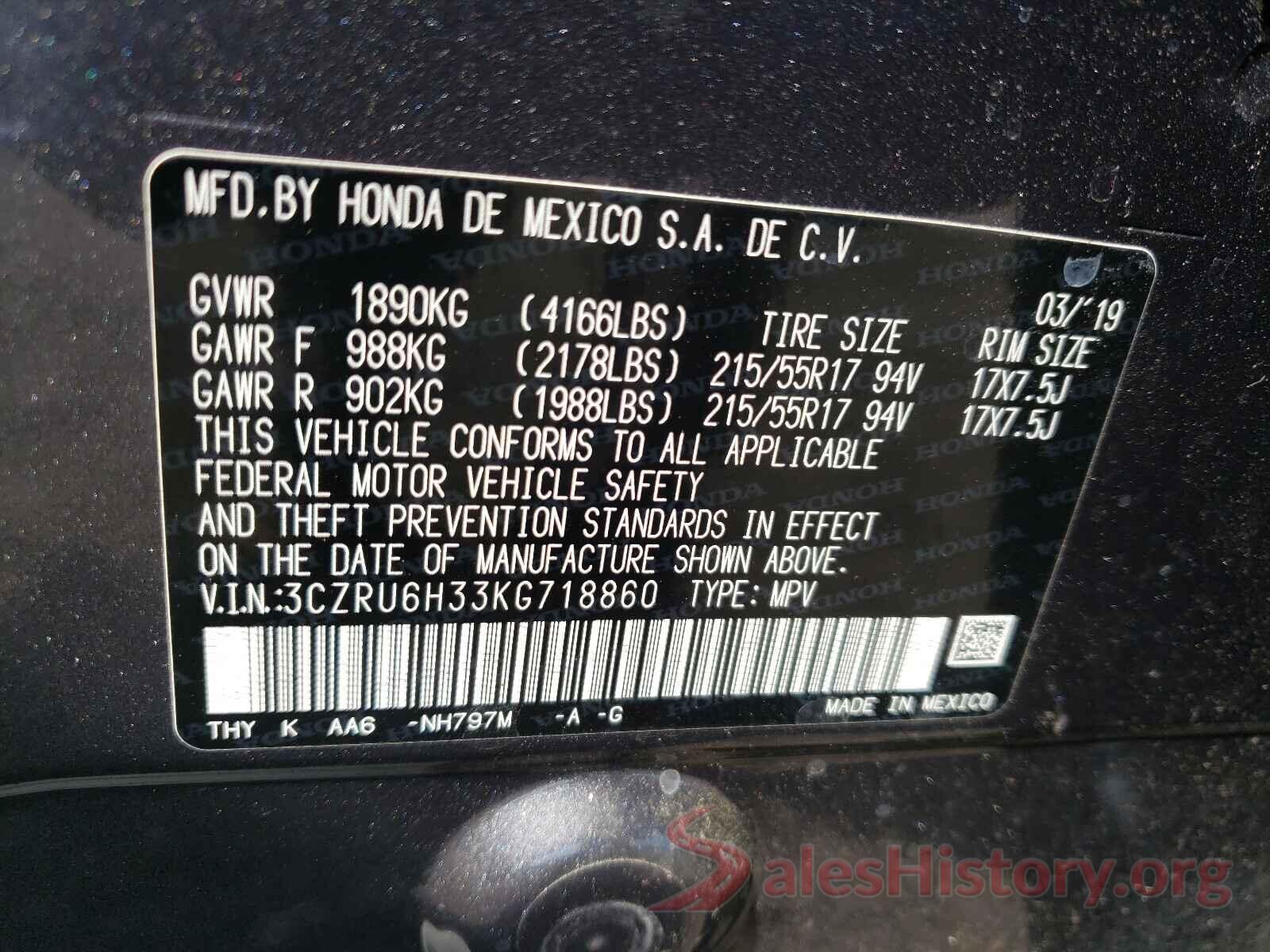 3CZRU6H33KG718860 2019 HONDA HR-V