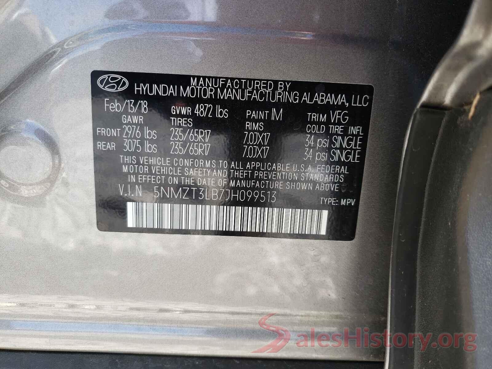 5NMZT3LB7JH099513 2018 HYUNDAI SANTA FE