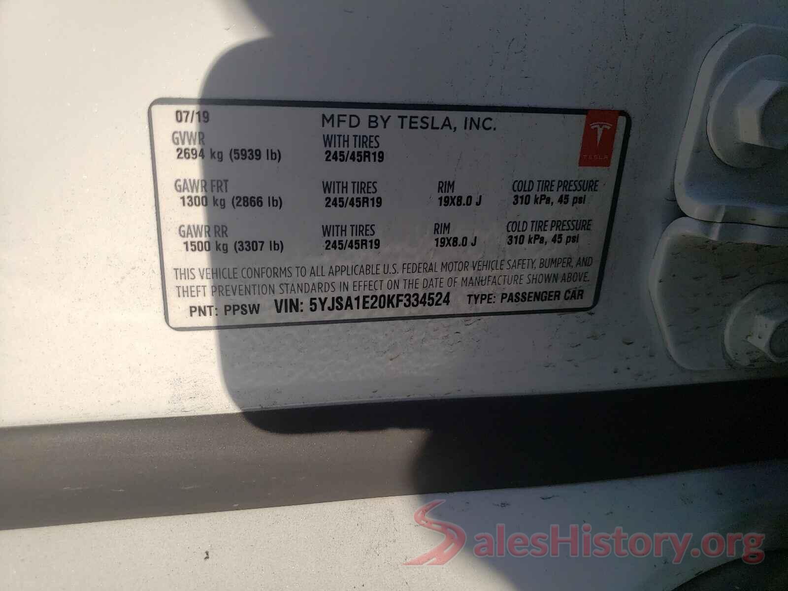 5YJSA1E20KF334524 2019 TESLA MODEL S