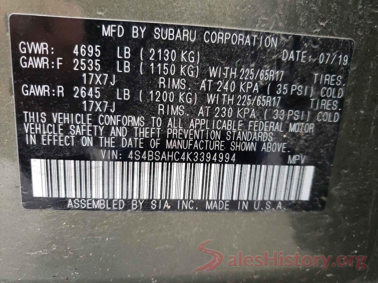 4S4BSAHC4K3394994 2019 SUBARU OUTBACK