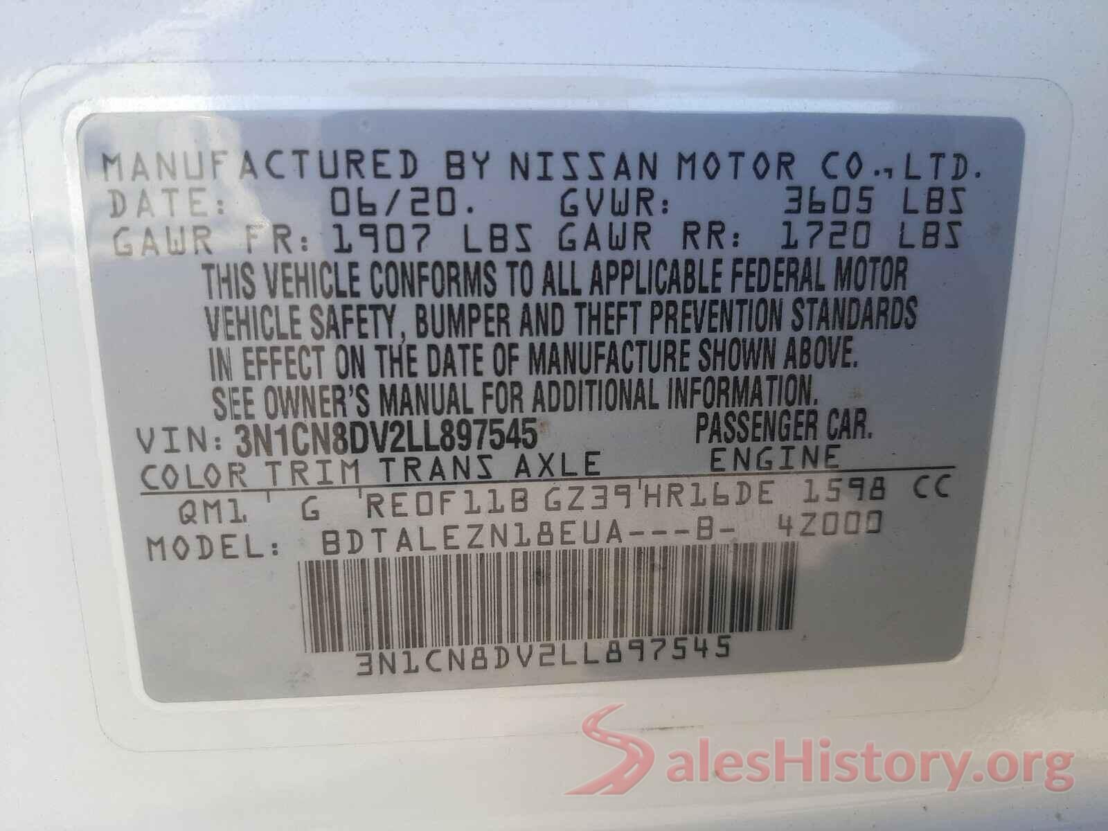 3N1CN8DV2LL897545 2020 NISSAN VERSA